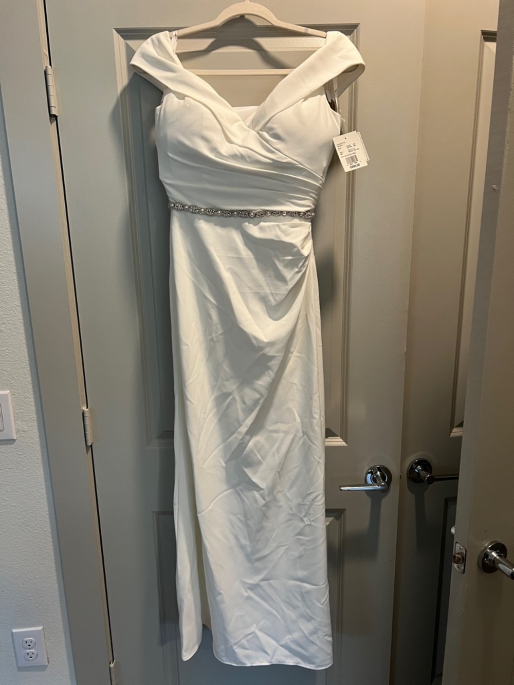 David's Bridal White Off-Shoulder Wedding Gown with Beaded Waist